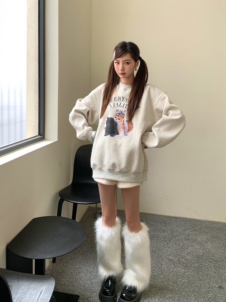 💕秋冬可愛貓咪疊疊樂印花圓領長袖上衣