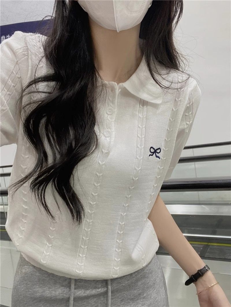 💕百搭甜美POLO領蝴蝶結刺繡針織衫