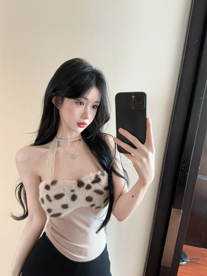 💕蕾絲掛脖拼接毛絨絨短款背心