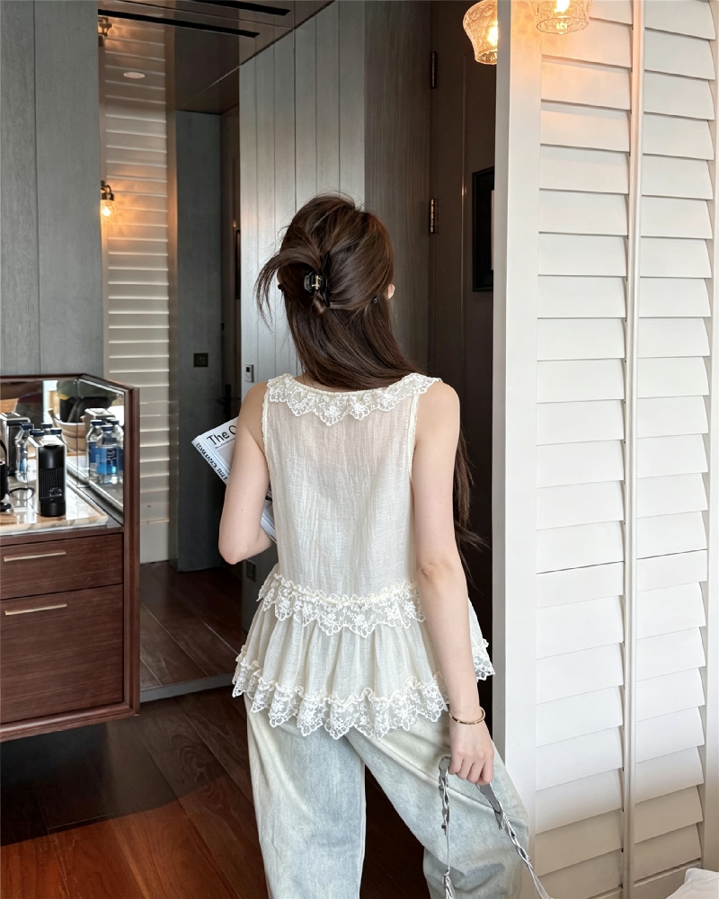 💕法式V領蕾絲拼接系帶無袖背心上衣
