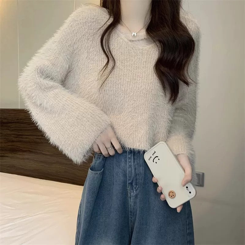 💕秋冬慵懶軟糯水貂毛短款上衣