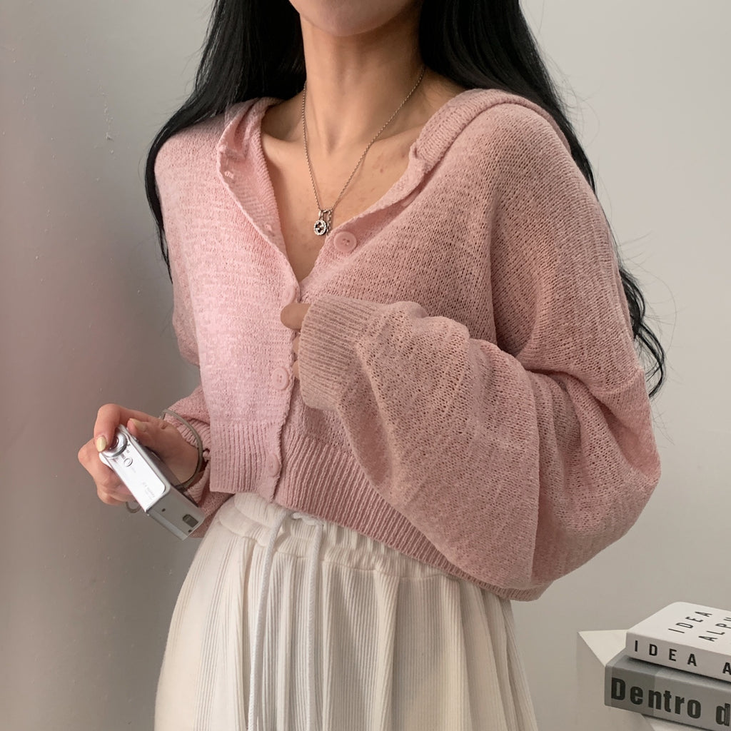 💕韓系慵懶冰絲薄款短燈籠袖連帽針織外套