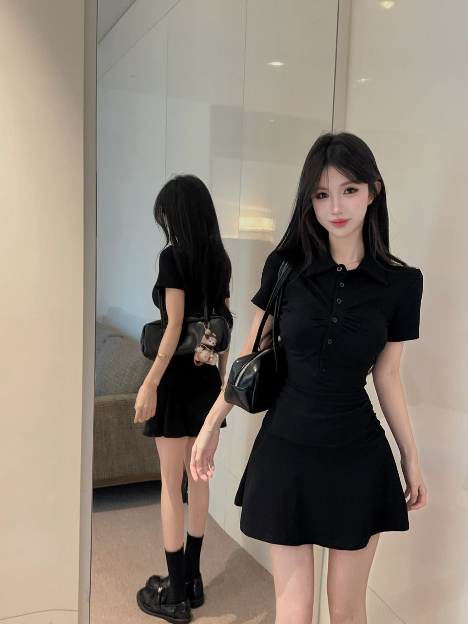 💕顯瘦百搭翻領收腰黑色翻領短袖大擺連衣裙