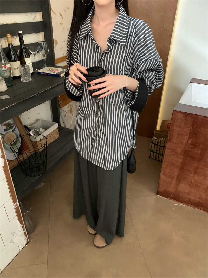 💕休閒條紋口袋襯衫撞色上衣套裝