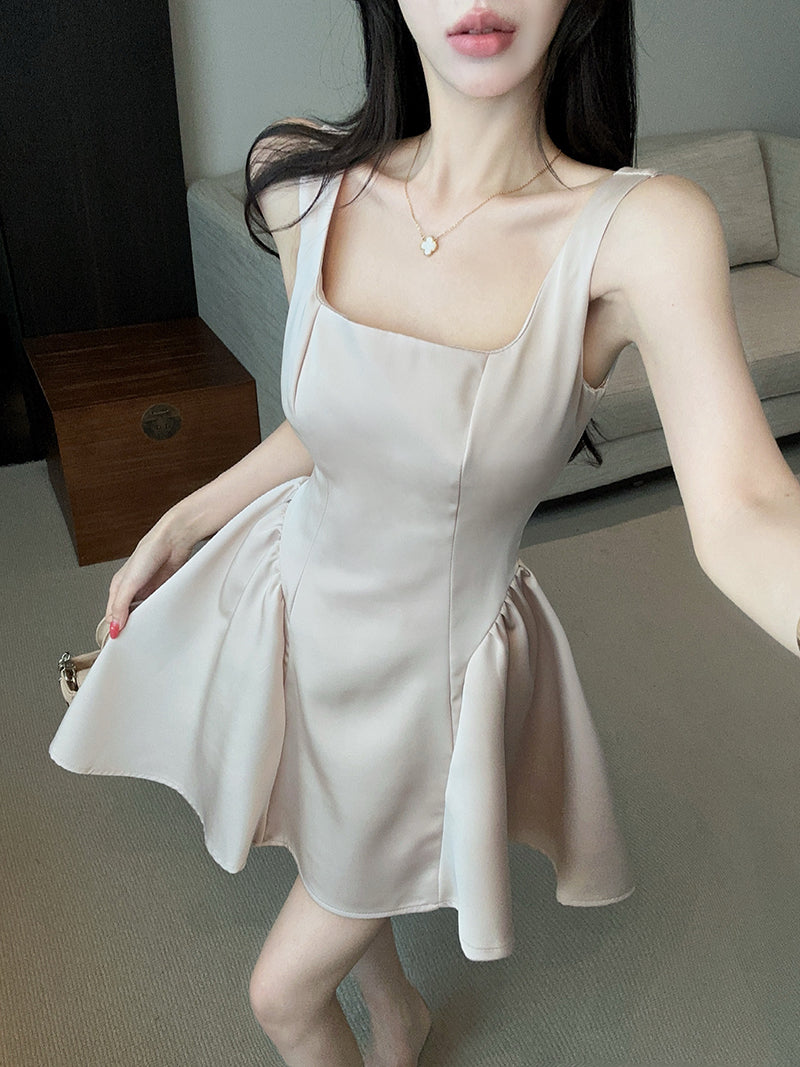 💕方領吊帶緞面A字連衣裙