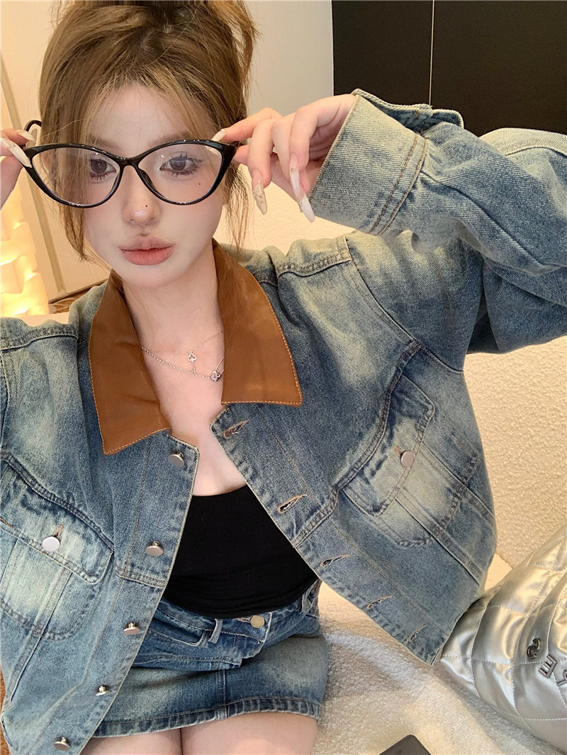 💕辣妹風牛仔外套配高腰牛仔短裙兩件套