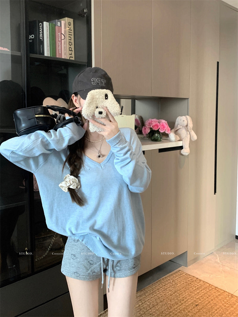 💕寬鬆薄款軟糯柔軟V領針織上衣