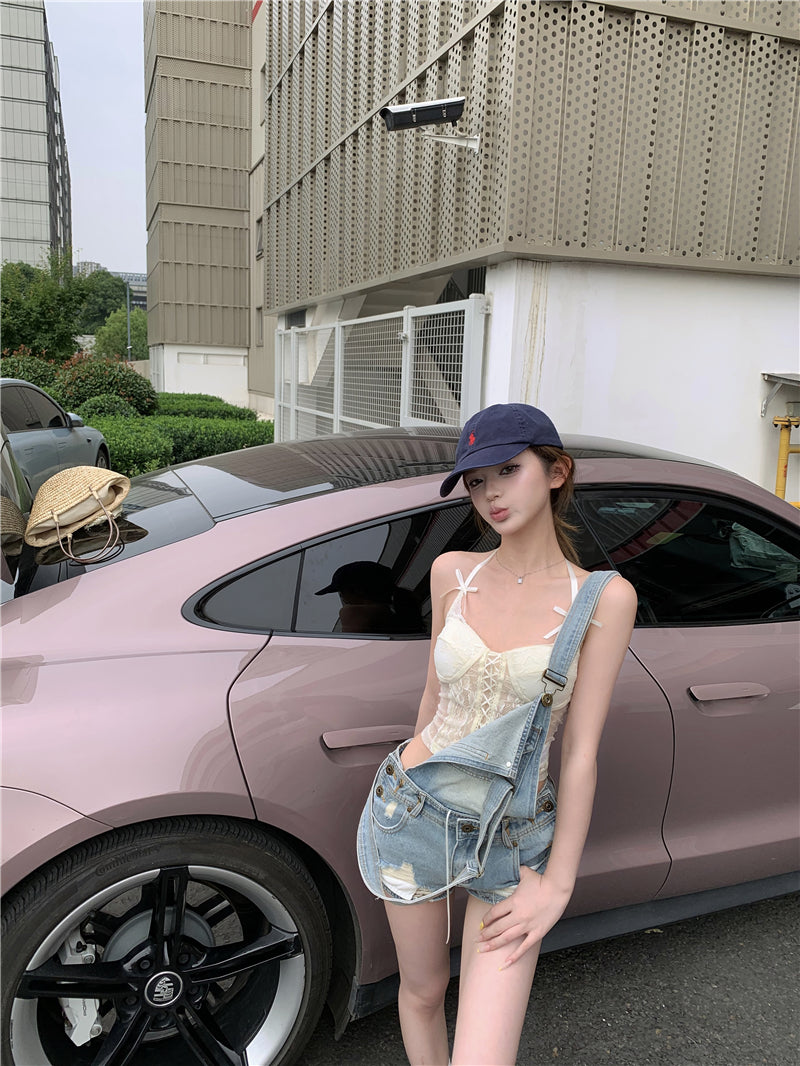 💕活潑俏皮百搭牛仔背帶短褲