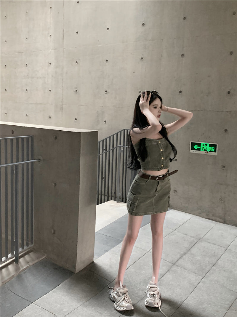 💕辣妹復古吊帶背心上衣配高腰半身裙牛仔套裝