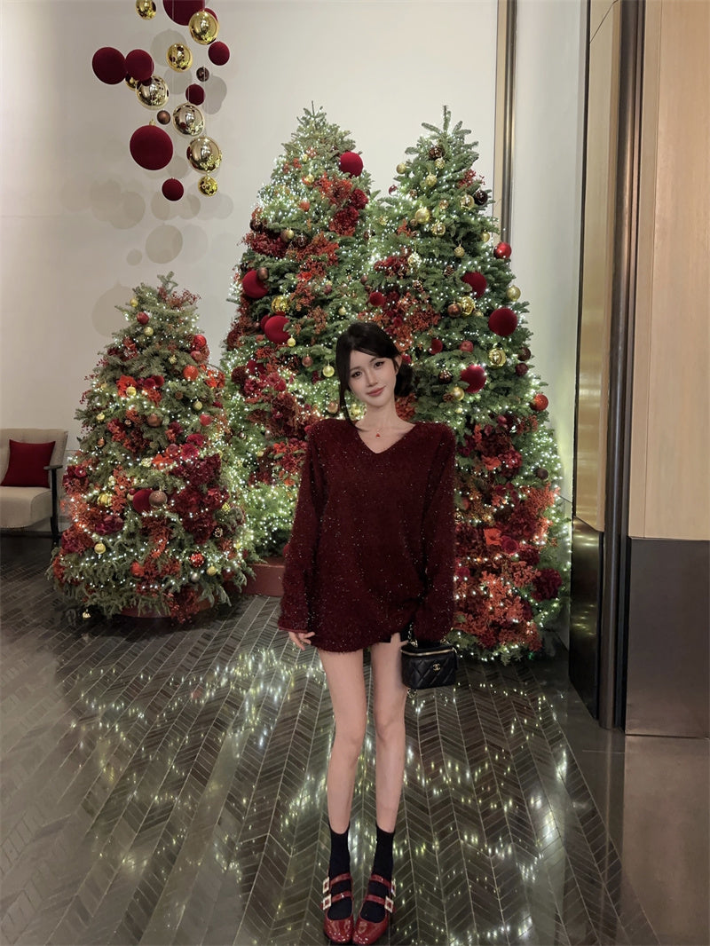 💕顯白氣質高級V領金絲碎亮長袖上衣