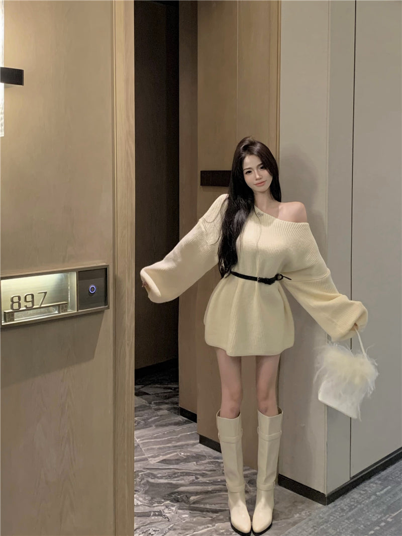 💕氣質甜美露肩針織寬鬆配腰帶連衣裙