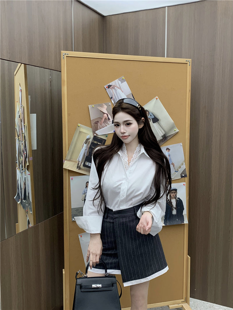 💕氣質翻領蕾絲花邊長袖襯衫不規則半身裙兩件套
