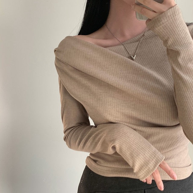 💕溫柔春秋純欲露肩+飄帶顯瘦法式上衣