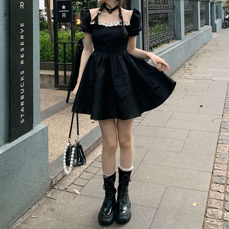 💕方領法式花邊露背蝴蝶結小個子澎澎短裙