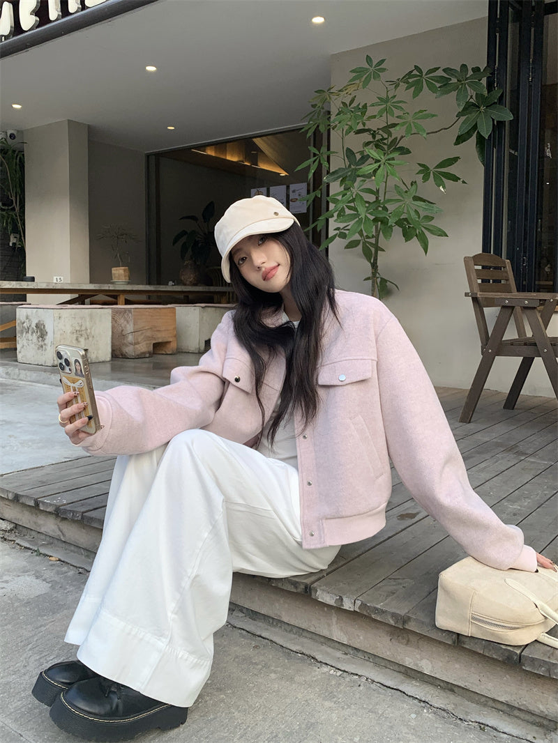 💕韓系通勤粉色棒球短款毛呢外套