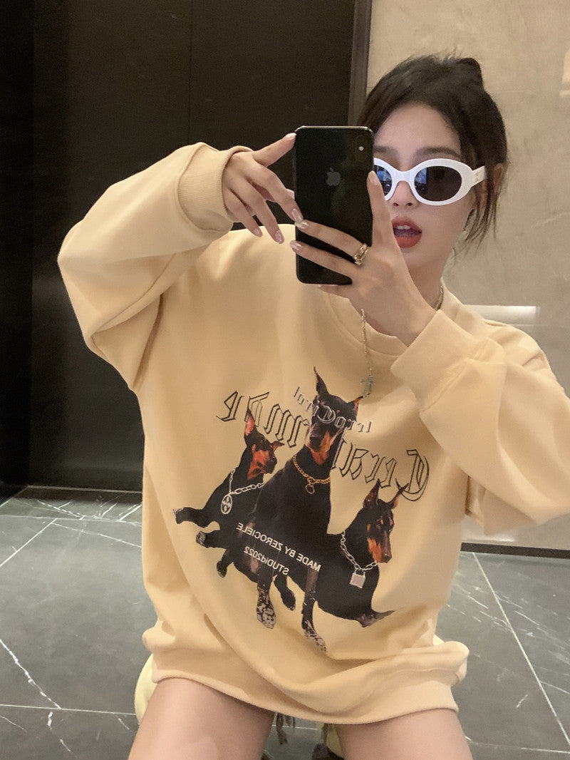 💕美式帥氣杜賓犬印花寬鬆中長衛衣