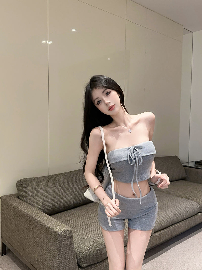 💕純欲修身短款抹胸上衣+運動短褲