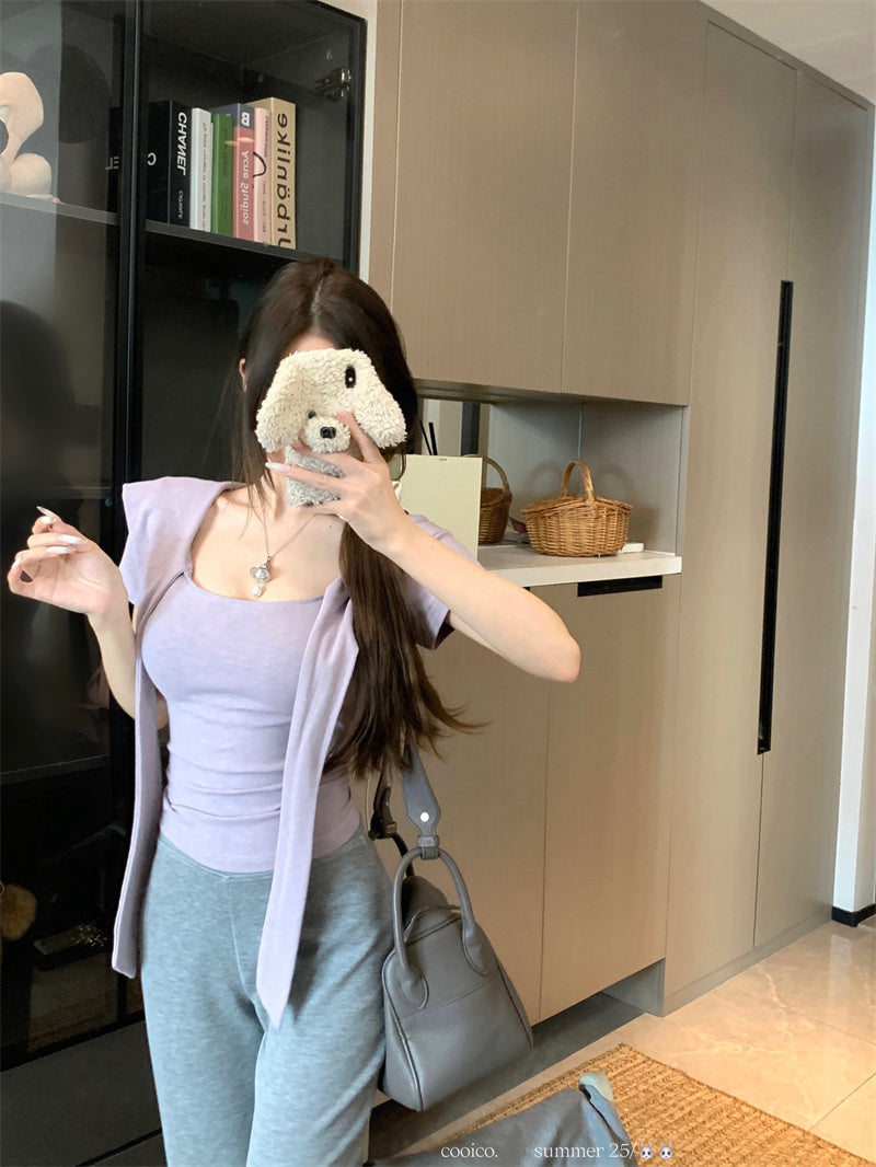 💕夏季綁帶方領短袖通勤百搭套裝