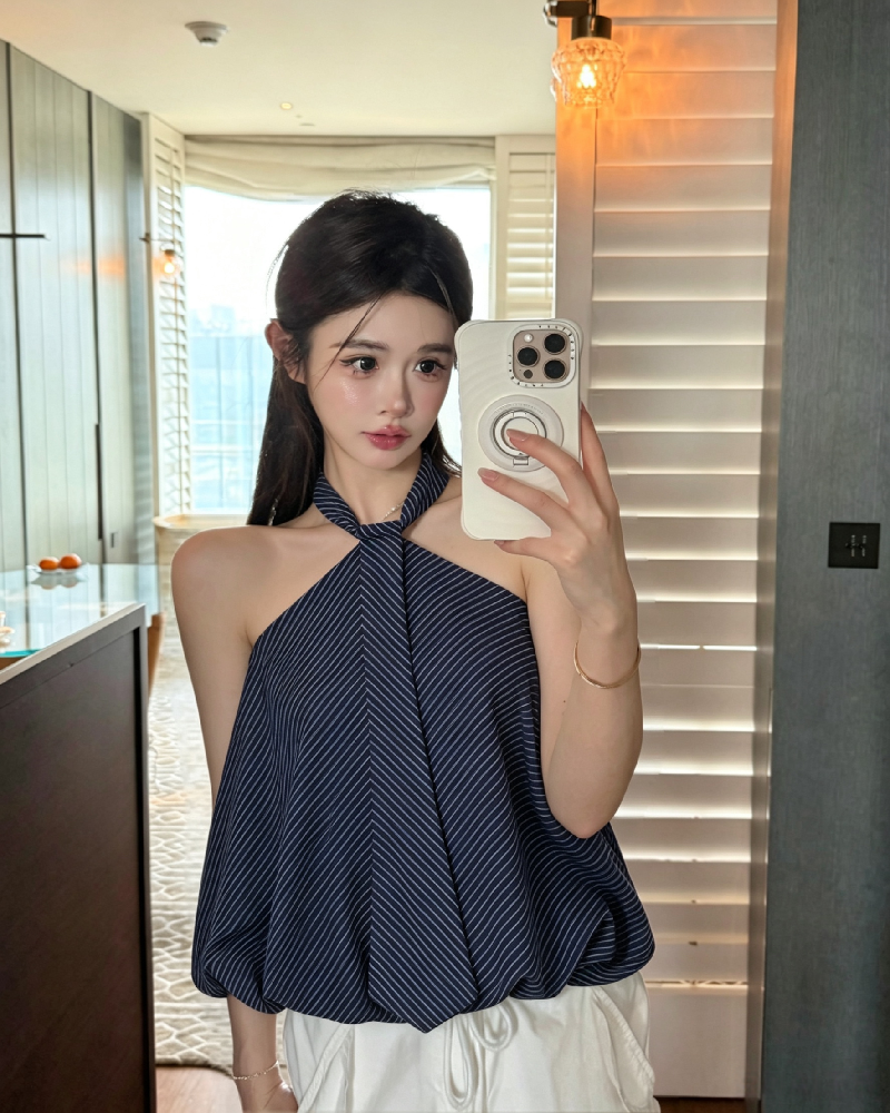 💕氣質掛脖黑白條紋抹胸花苞無袖上衣