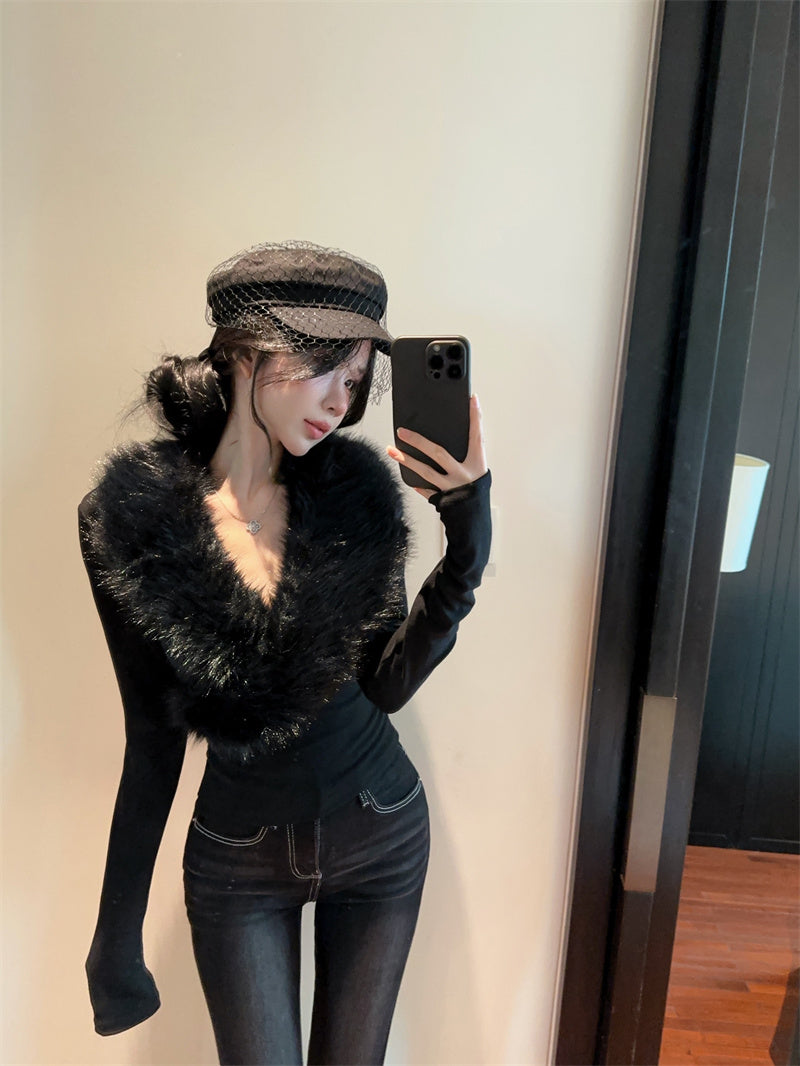 💕純欲辣妹毛領拼接V領長袖修身上衣