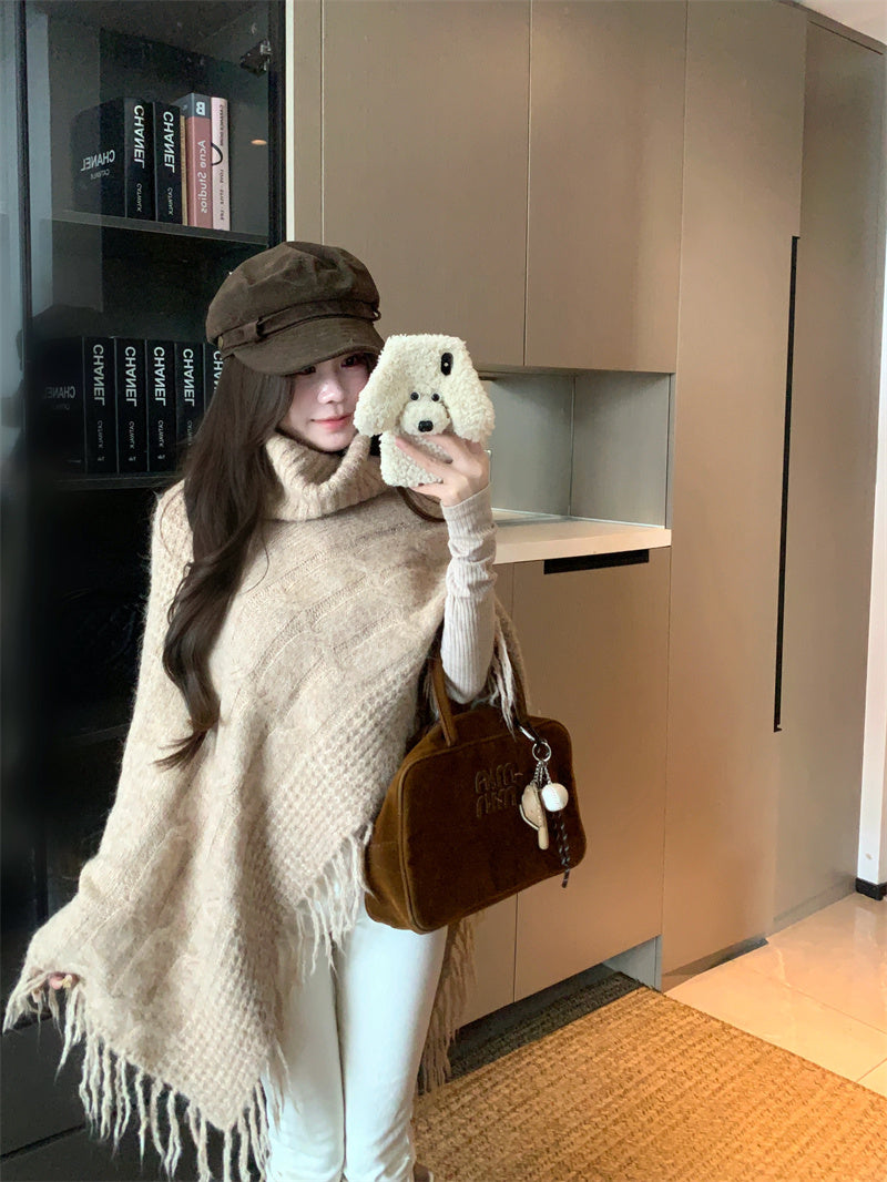 💕法式溫柔斗篷披肩氛圍感高領上衣