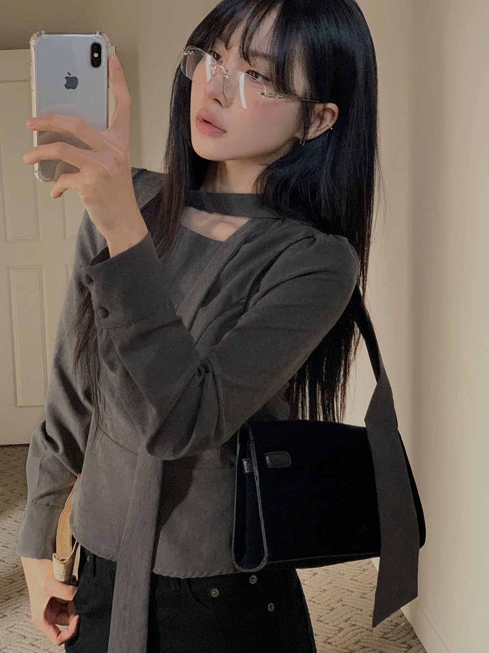 💕ins溫柔飄帶蝴蝶結泡泡袖修身顯瘦上衣