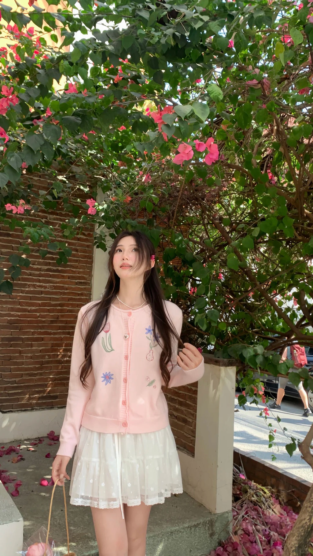 💕慵懶甜美粉色刺繡小花翻領針織開衫