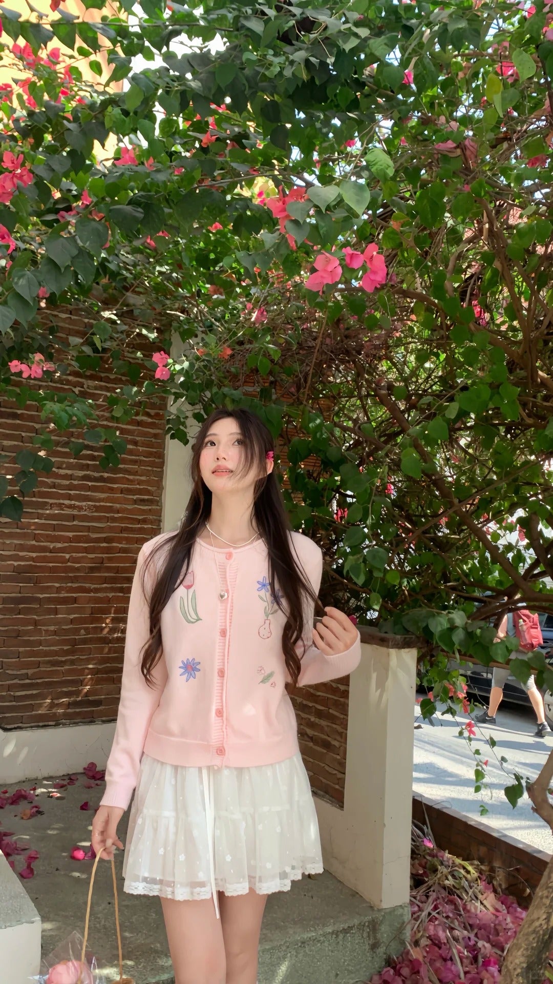 💕慵懶甜美粉色刺繡小花翻領針織開衫