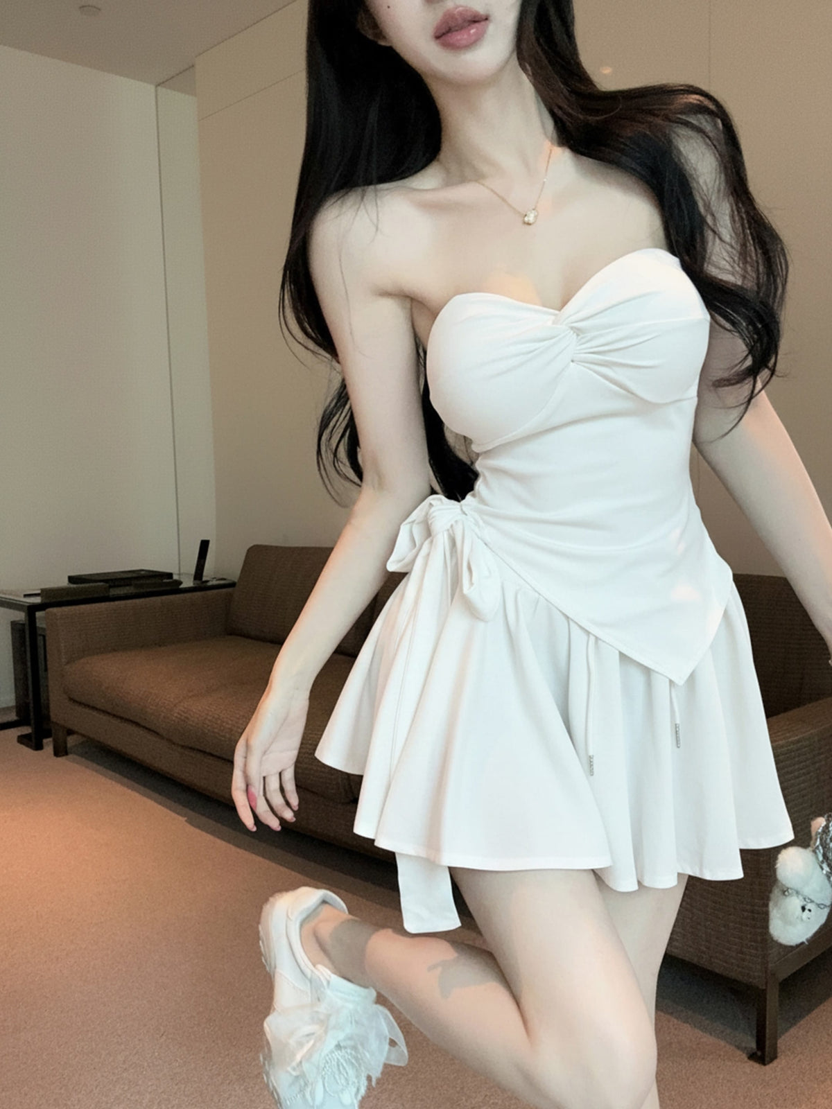 💕氣質帶胸墊不規則下擺系帶扭結兩件套