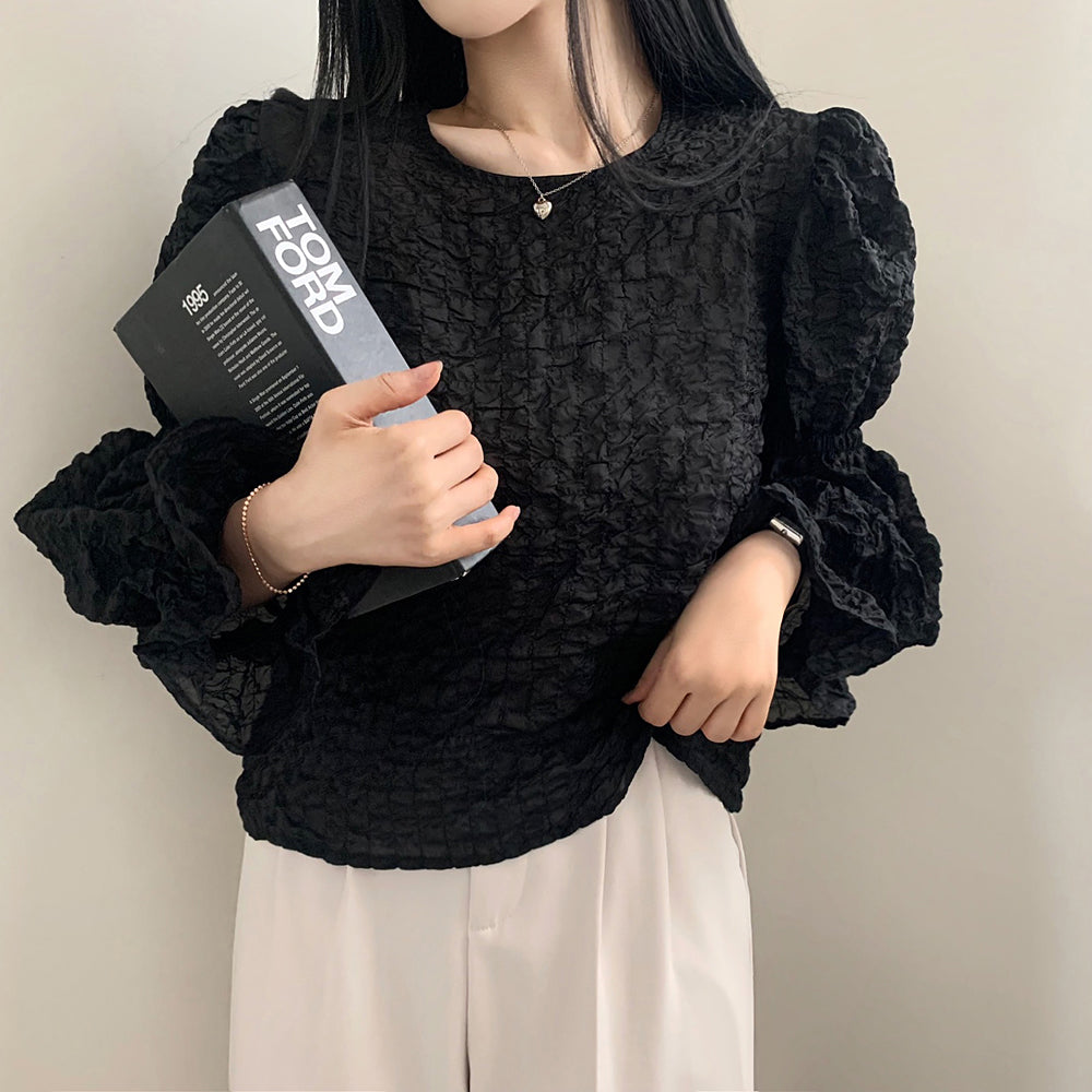 💕溫柔chic韓系泡泡皺褶圓領燈籠袖襯衫