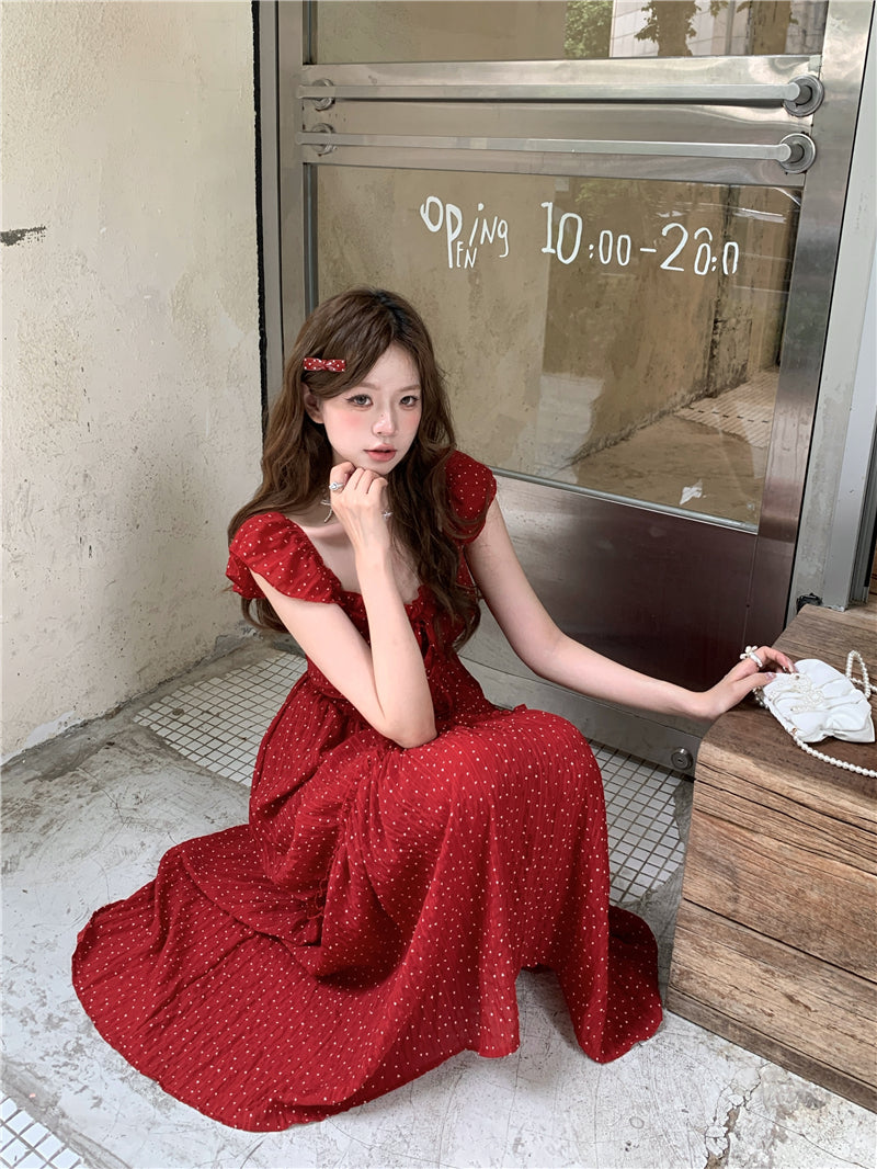 💕海邊度假小飛袖露背收腰長裙