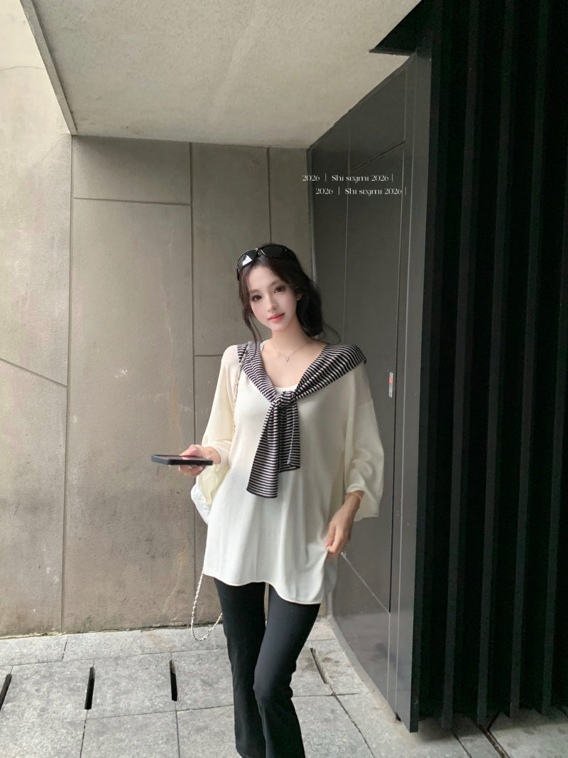 💕百搭條紋披肩深U領中袖T袖+七分微喇叭瑜珈褲