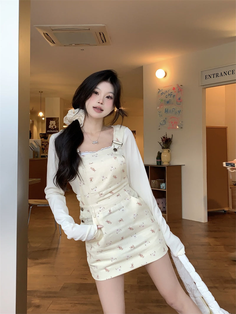 💕chic溫柔可愛韓系碎花吊帶裙套裝