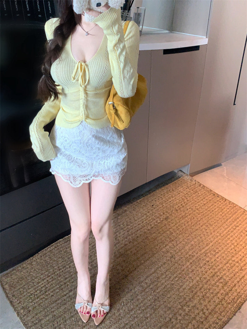 💕百搭簡約蝴蝶結系帶V領長袖針織顯瘦上衣