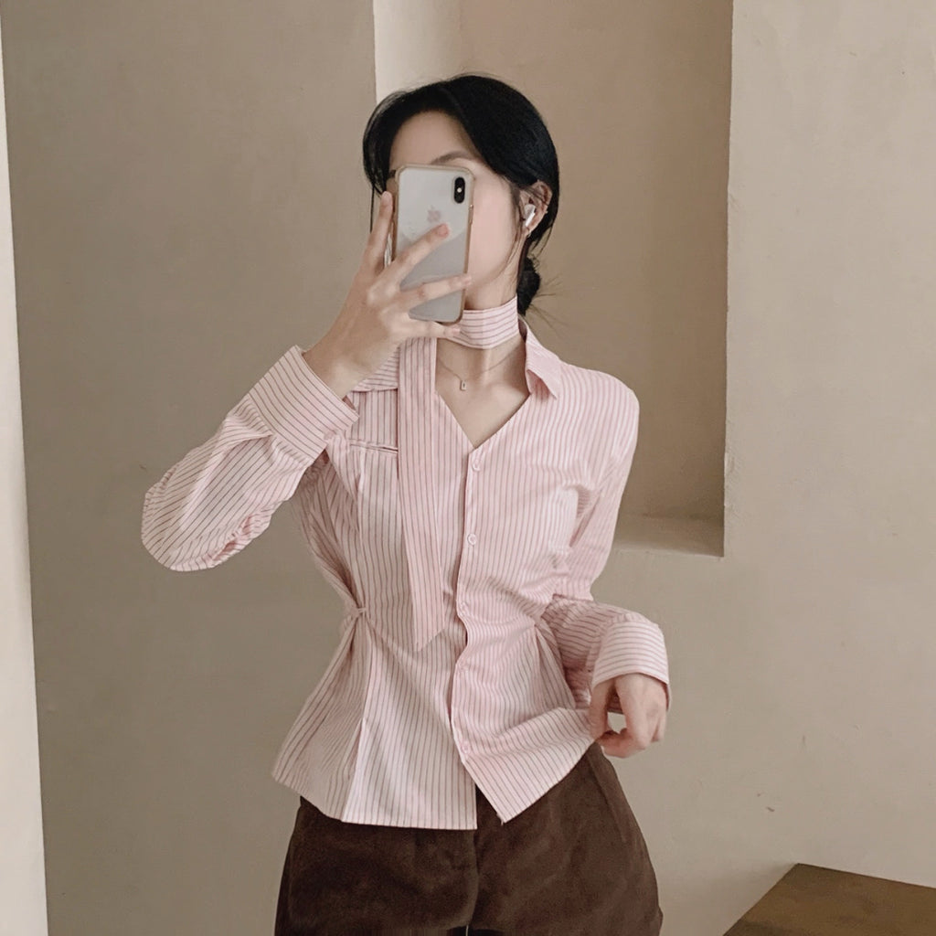 💕韓系小眾V領飄帶收腰百搭條紋上衣