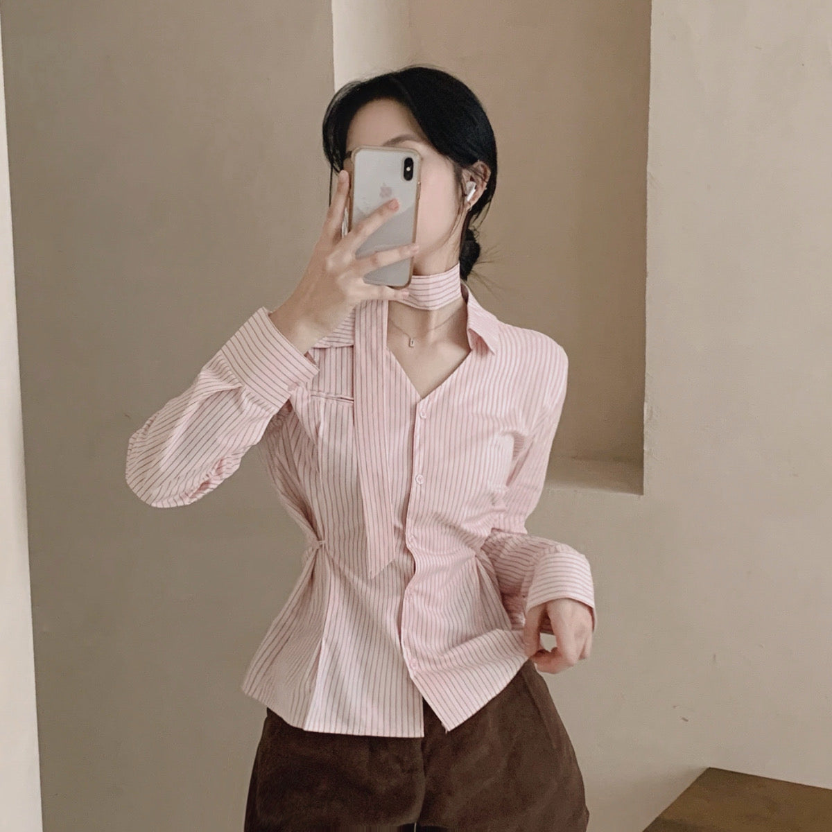 💕韓系小眾V領飄帶收腰百搭條紋上衣