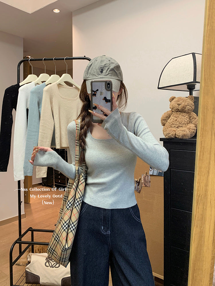 💕chic高級感簡約方領素色百搭長袖上衣