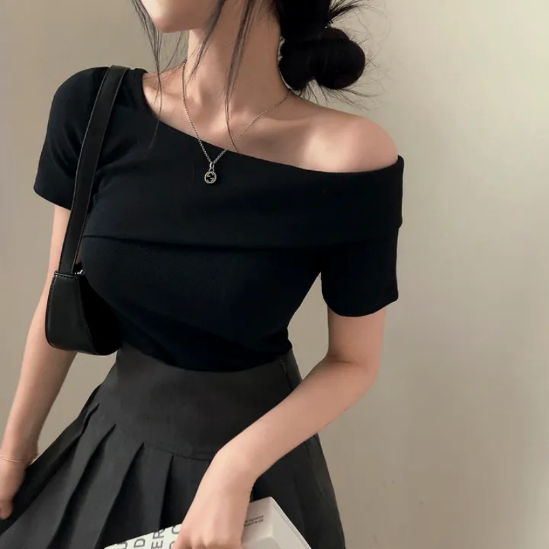 💕韓系chic修身氣質顯瘦斜肩上衣