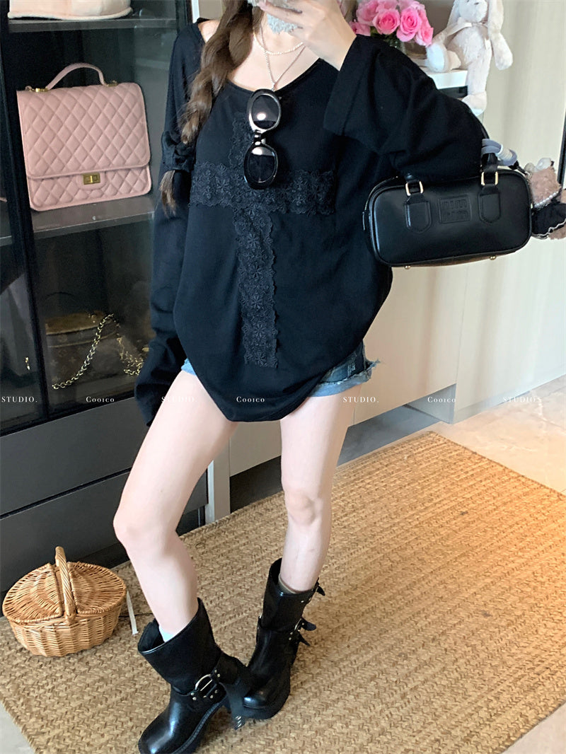 💕微透蕾絲寬鬆T袖打底衣