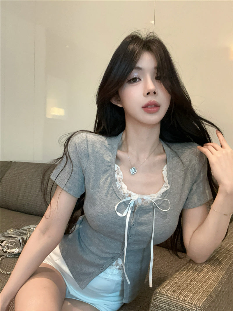 💕高級感假兩件短袖拼接蕾絲上衣