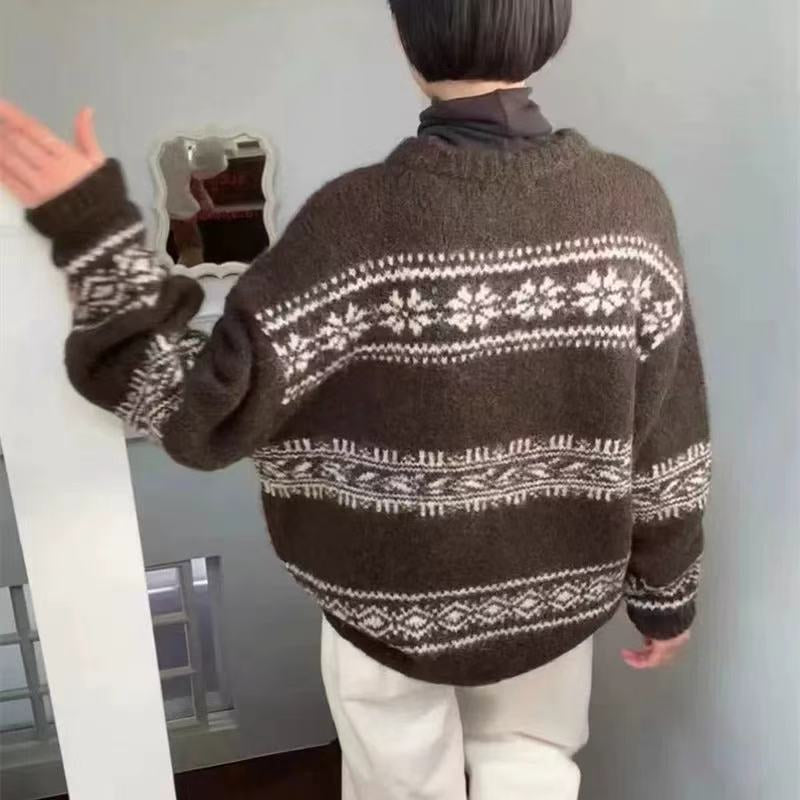 💕韓系圓領復古緹花拚色軟糯針織帶圍巾打底毛衣