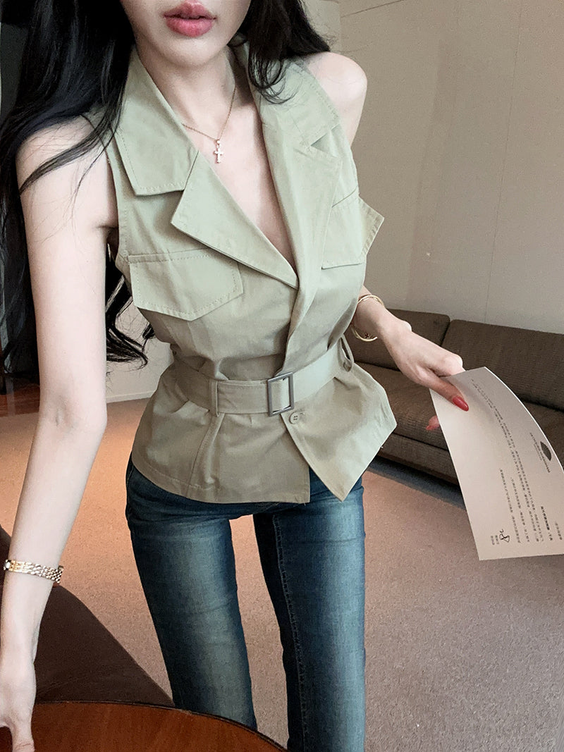 💕重工雙口袋polo領顯瘦馬甲襯衫+腰帶