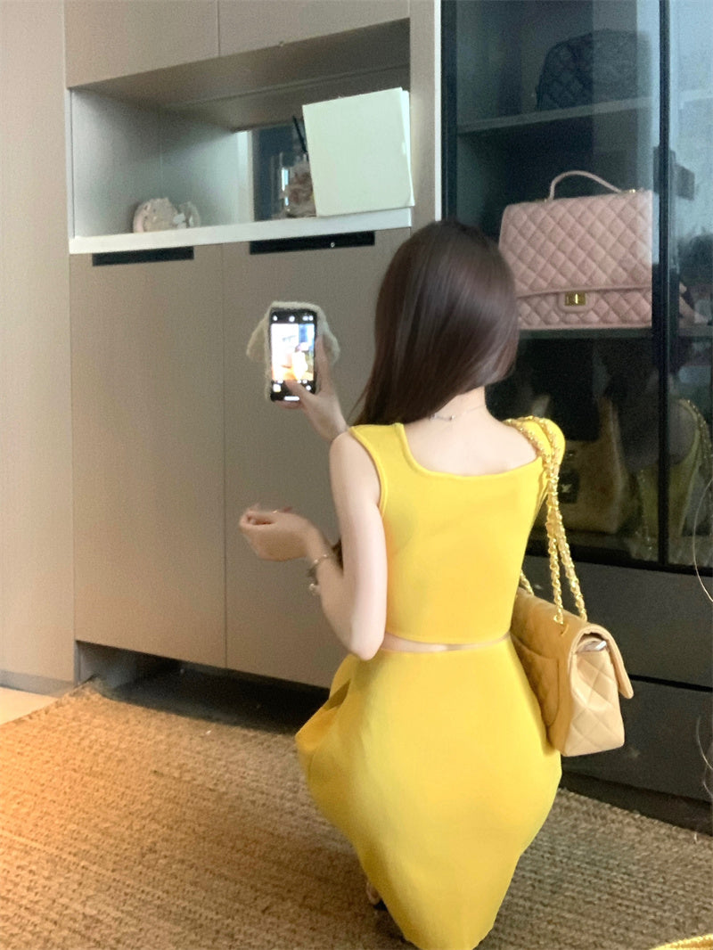 💕夏季法式方領針織連衣包臀短裙