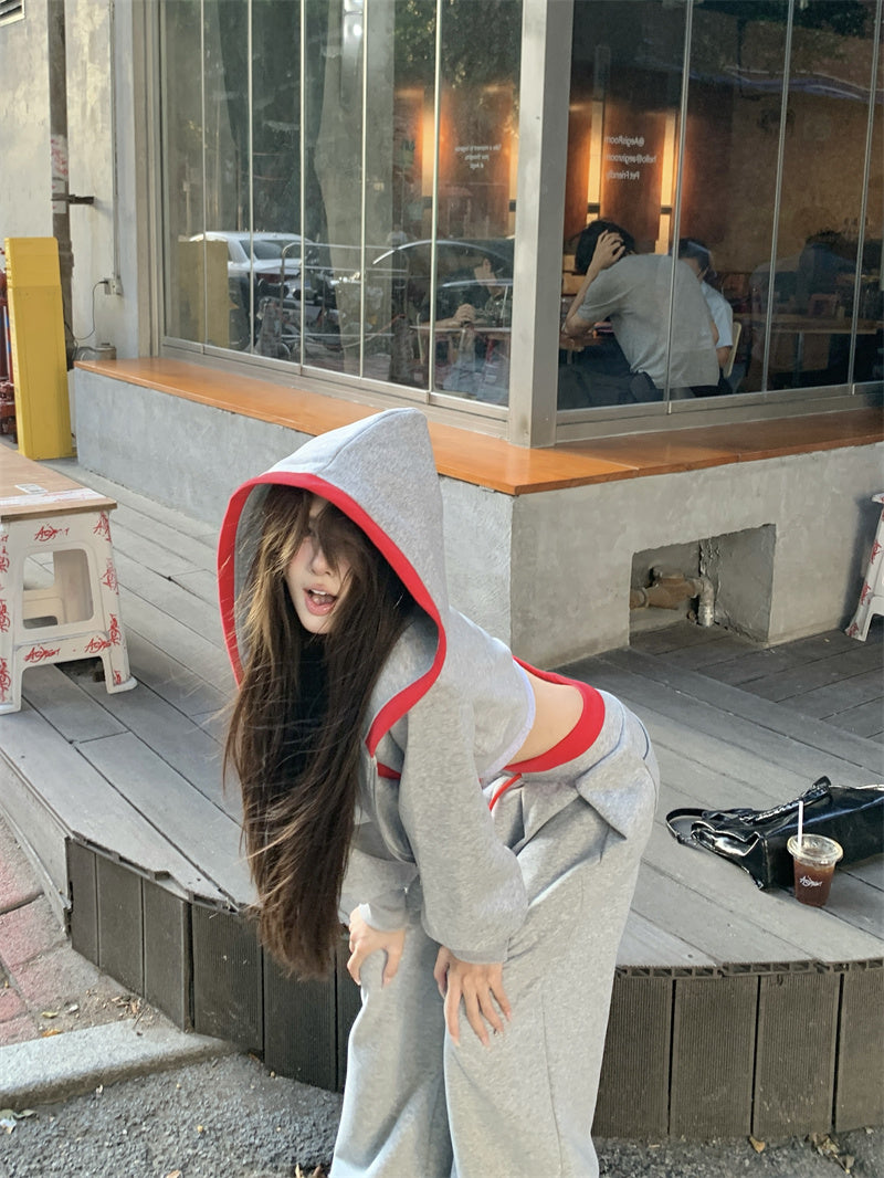 💕韓系個性設計感灰色長袖顯瘦休閒褲套裝