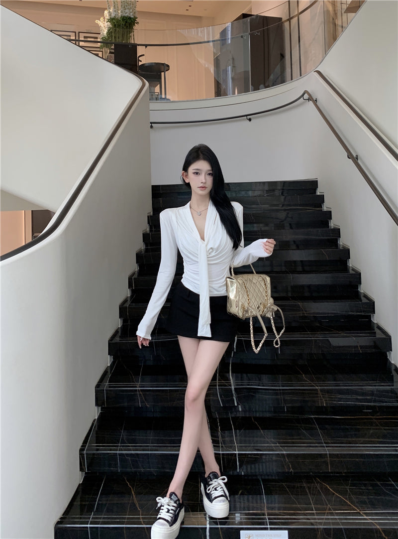 💕韓系設計感褶皺盪領飄帶長袖打底衣