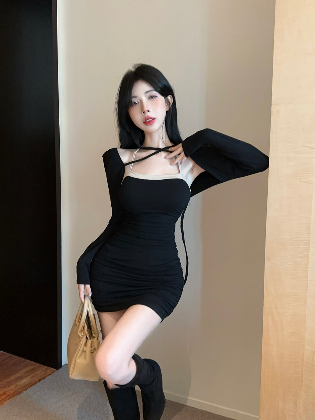 💕拚色系繩多種穿法包臀連身短裙+長袖短款罩衫兩件套