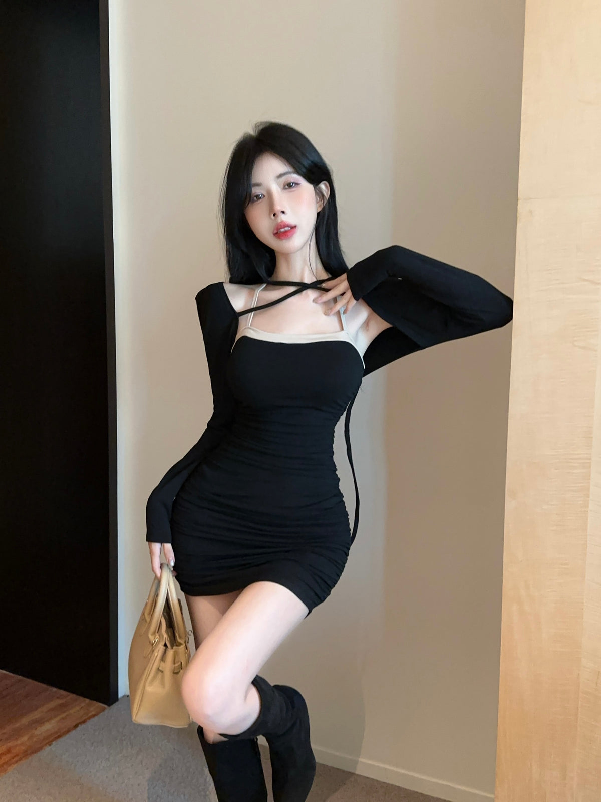 💕拚色系繩多種穿法包臀連身短裙+長袖短款罩衫兩件套