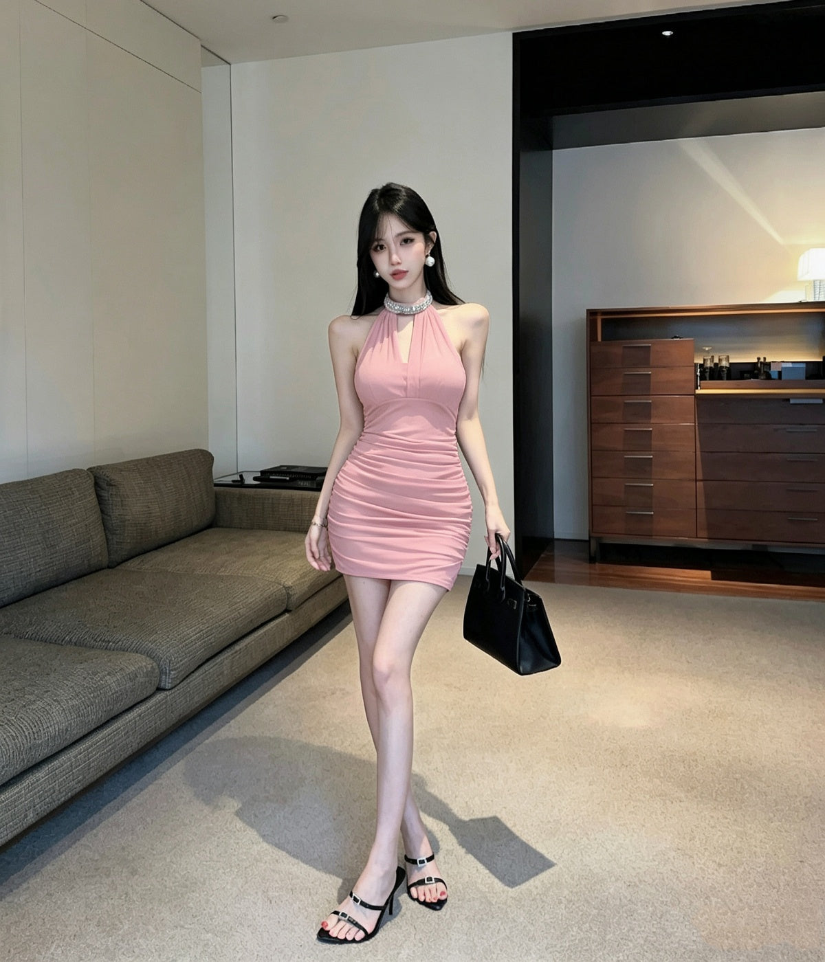 💕純御皺褶釘珠掛脖無袖包臀連身裙