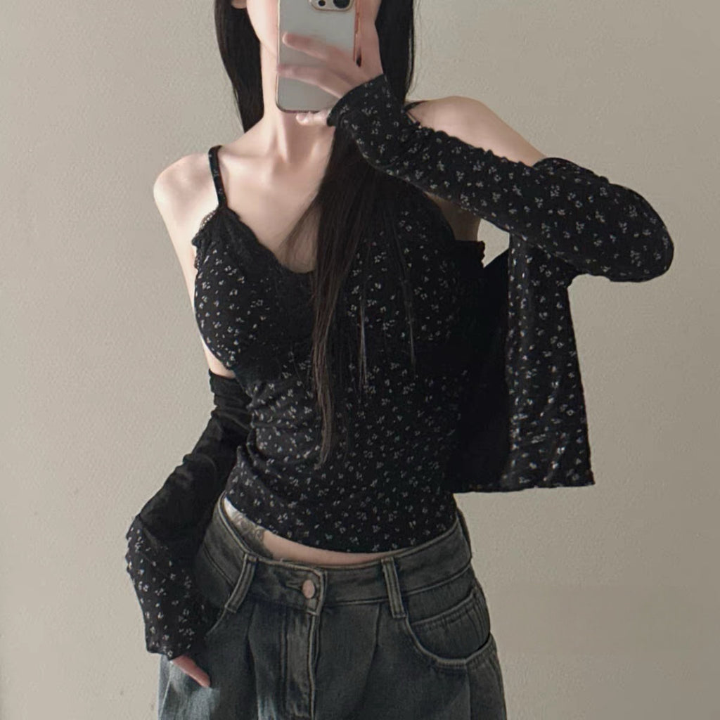 💕溫柔清純碎花蕾絲拼接吊帶上衣