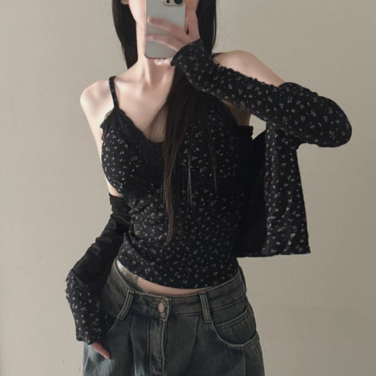 💕溫柔清純碎花蕾絲拼接吊帶上衣